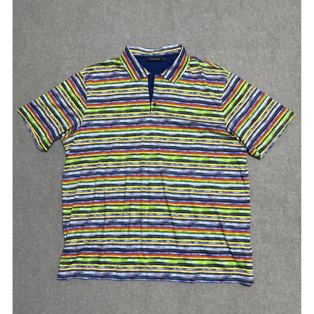 Bugatchi Shirt Mens 2XL Multicolor Striped Short Sleeve Polo Cotton Casual